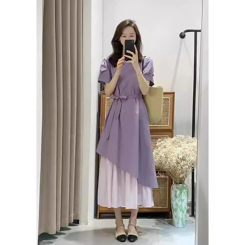 紫色显瘦气质连衣裙夏季新款法式假两件拼接设计感长款女装