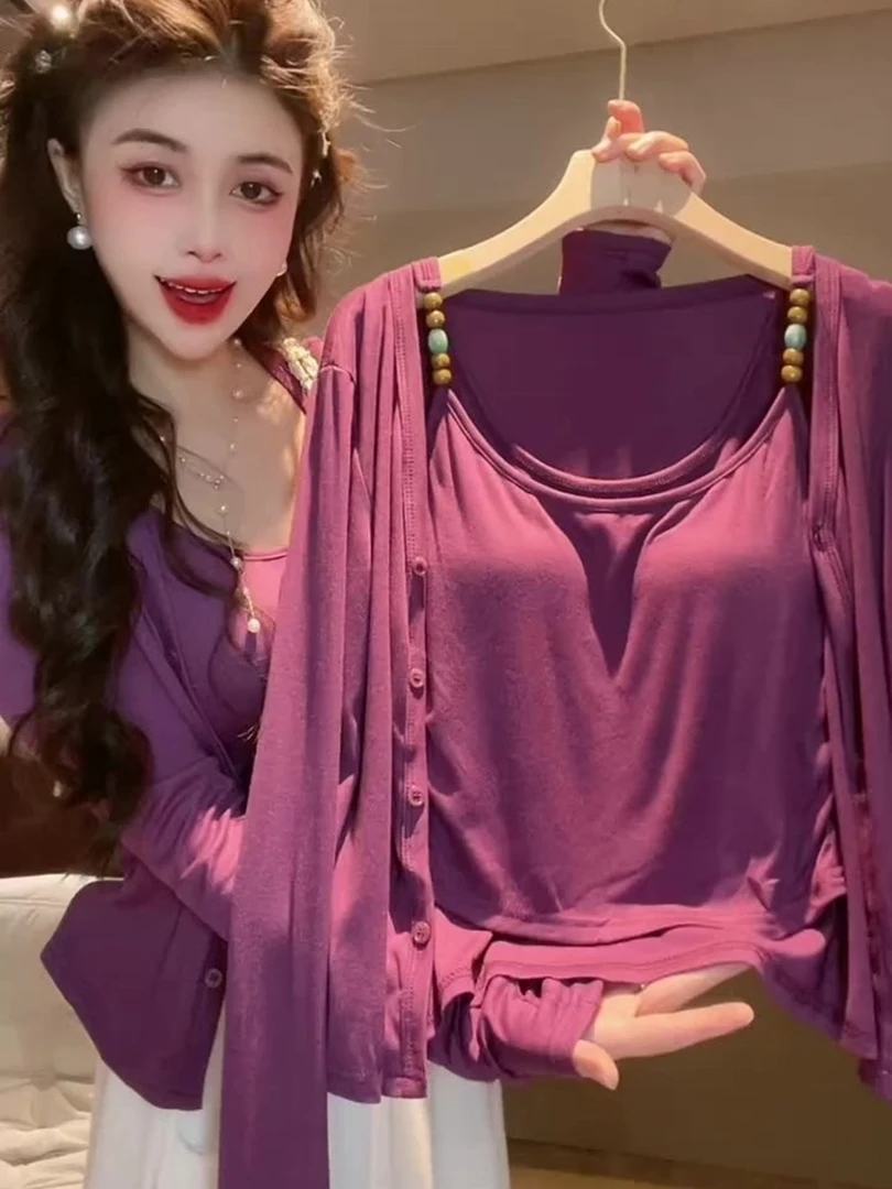 韩系设计感长袖开衫纯欲串珠吊带背心上衣女2025秋季新款时尚套装