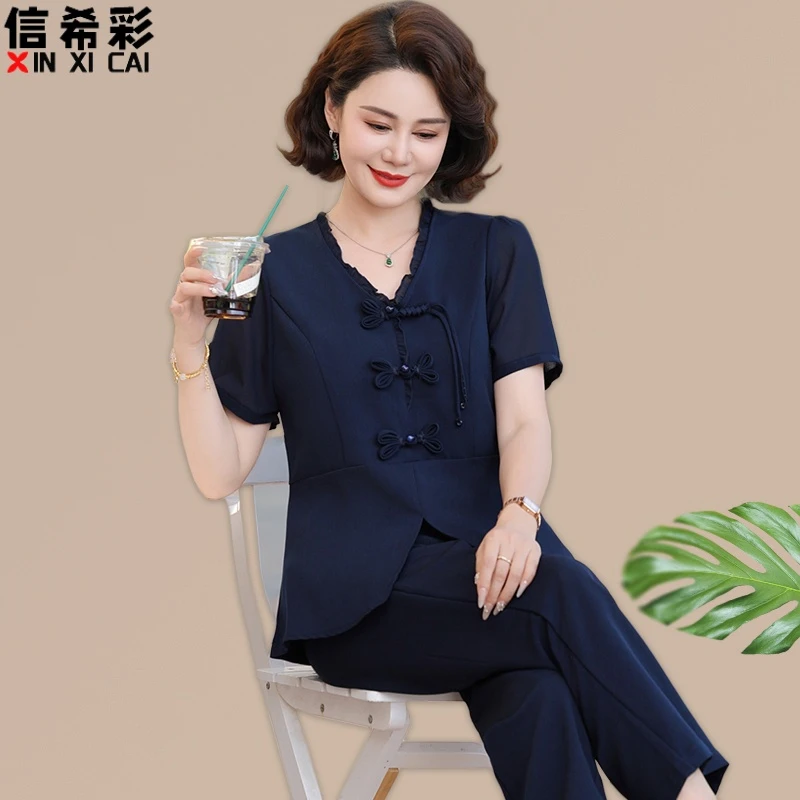 品牌妈妈夏装套装高级感中国风中老年女夏季短袖t恤盘扣上衣薄款