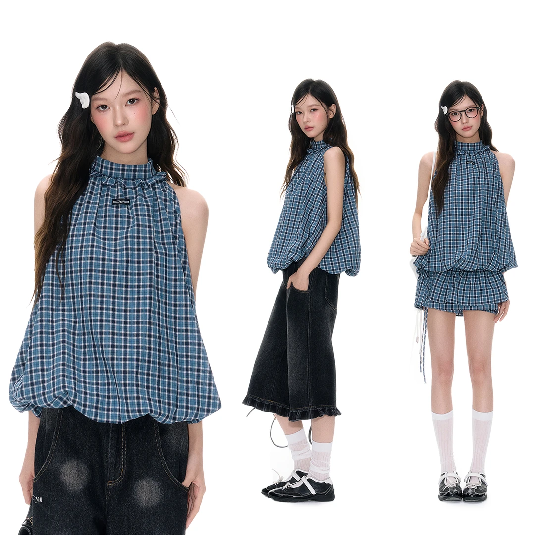CyNi 设计感辣妹立领挂脖背心吊带格子无袖花苞宽松上衣T恤女