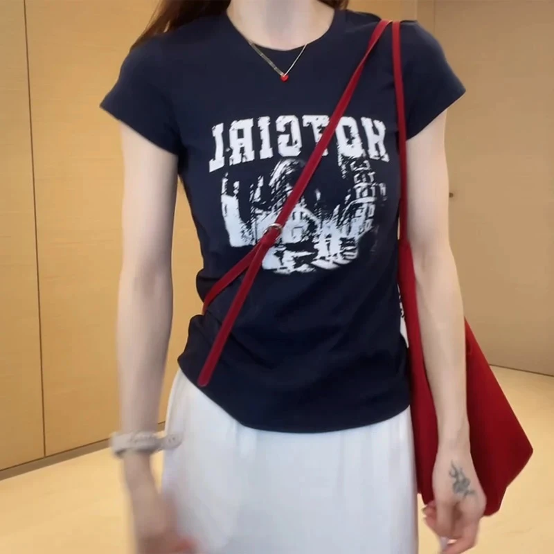 韩版时尚百搭印花短袖圆领打底衫女夏季2025新款超火通勤减龄上衣