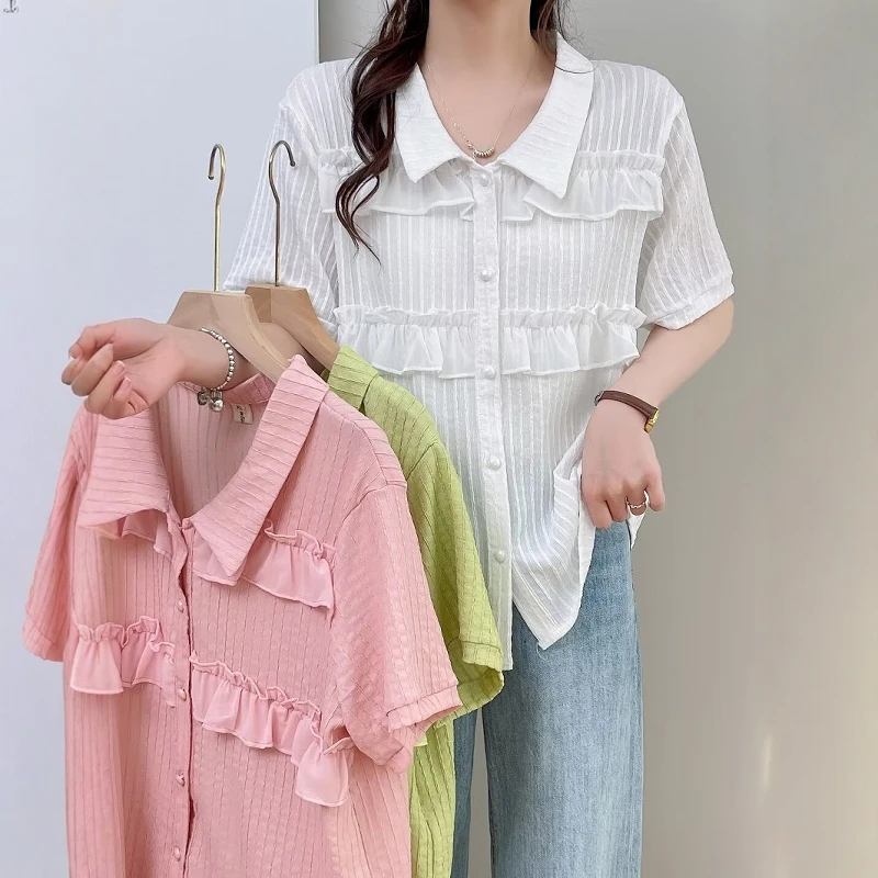 HS2410翻领荷叶边拼接短袖衬衫大码女装气质百搭纽扣上衣夏季衬衣
