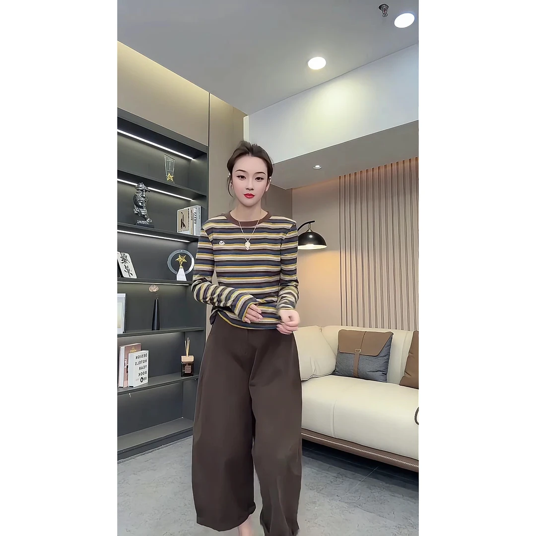 欧洲站2025早秋新款拼色条纹t恤女设计感洋气百搭圆领套头上衣