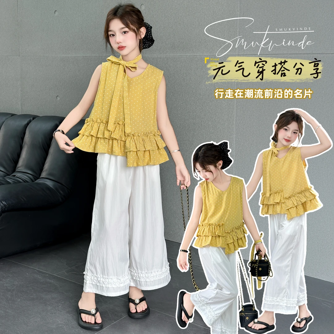女童夏装新款无袖套装中大童儿童洋气女孩时尚网红阔腿裤两件套潮
