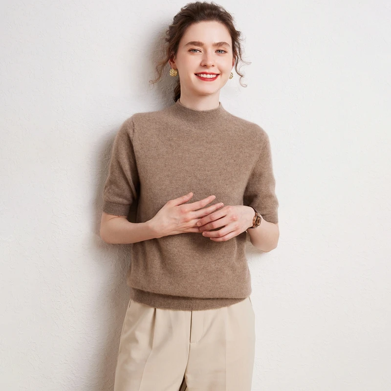 一线平面100%山羊绒衫女短袖半高领秋冬薄中半袖针织打底衫805180