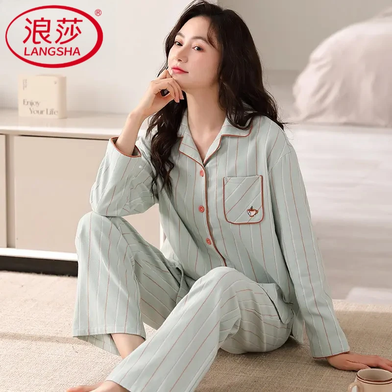 浪莎睡衣女士春秋款冬季长袖纯棉加大码100%全棉家居服套装可外穿