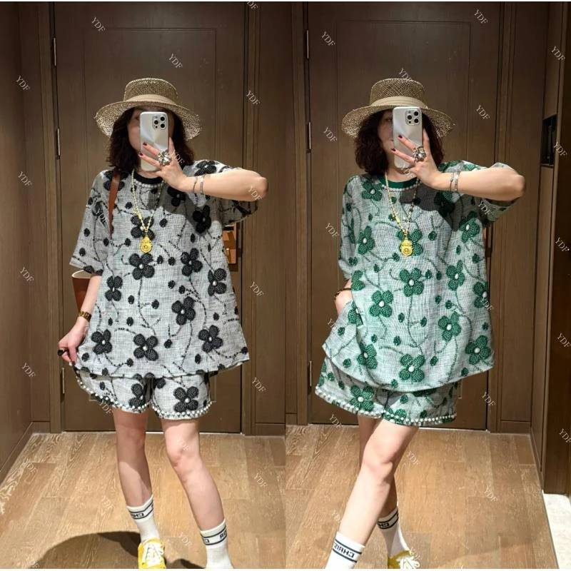 YDFSTUDIO小众【塞纳花房】欧货高品重工花朵设计时尚上衣+短裤套装