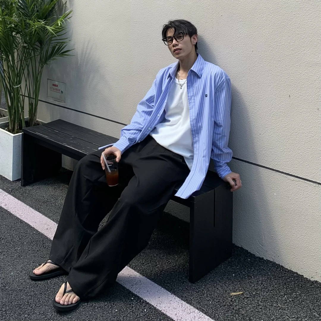 早秋新款韩系高知松弛感男士蓝色条纹长袖衬衫秋季0827