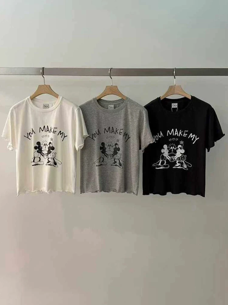 现韩国东大门代购pepper2025春夏百搭木耳边卡通米奇印花短袖T恤