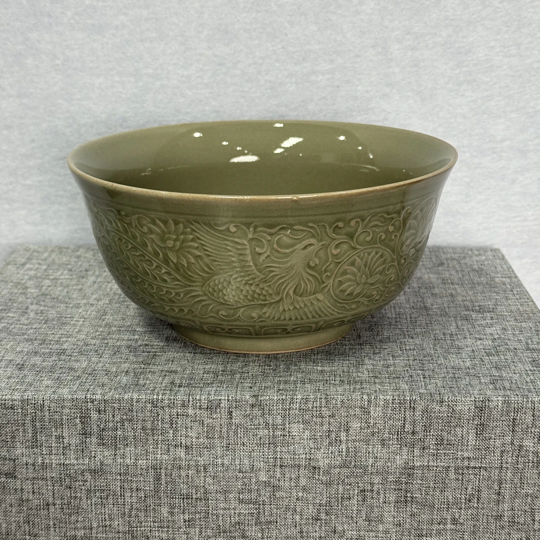 【觀文自营】耀州窑青瓷7英寸18cm凤穿牡丹大面碗饭碗汤碗
