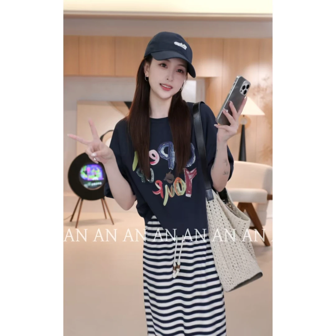 C05039时尚宽松设计感趣味彩色字母短款短袖T恤