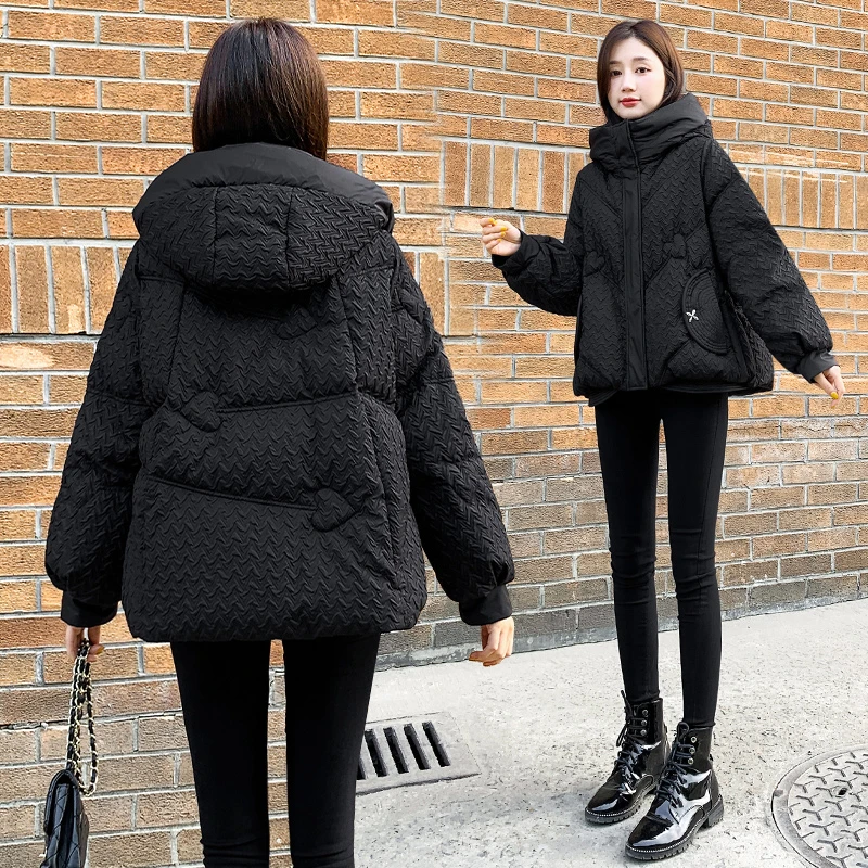 小个子黑色显瘦连帽外套2025年新款女装冬季宽松大码短款羽绒服女