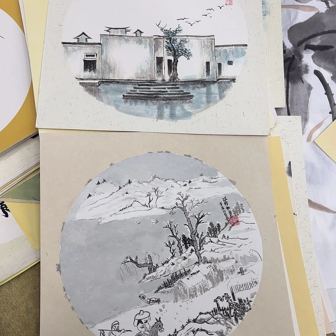 国画两张卡纸作品童童童