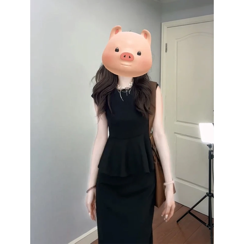 2025夏季新款法式气质修身荷叶边圆领无袖上衣百搭高腰显瘦半身裙