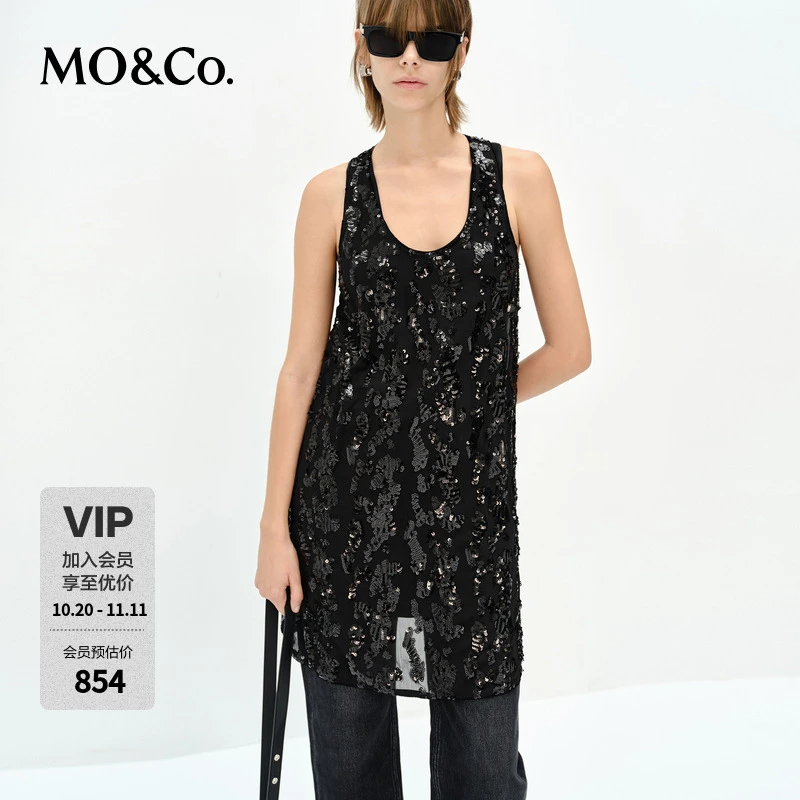 MOCO连衣裙2025春新品两件套手工亮片绣花无袖黑色法式MBE1DRST12