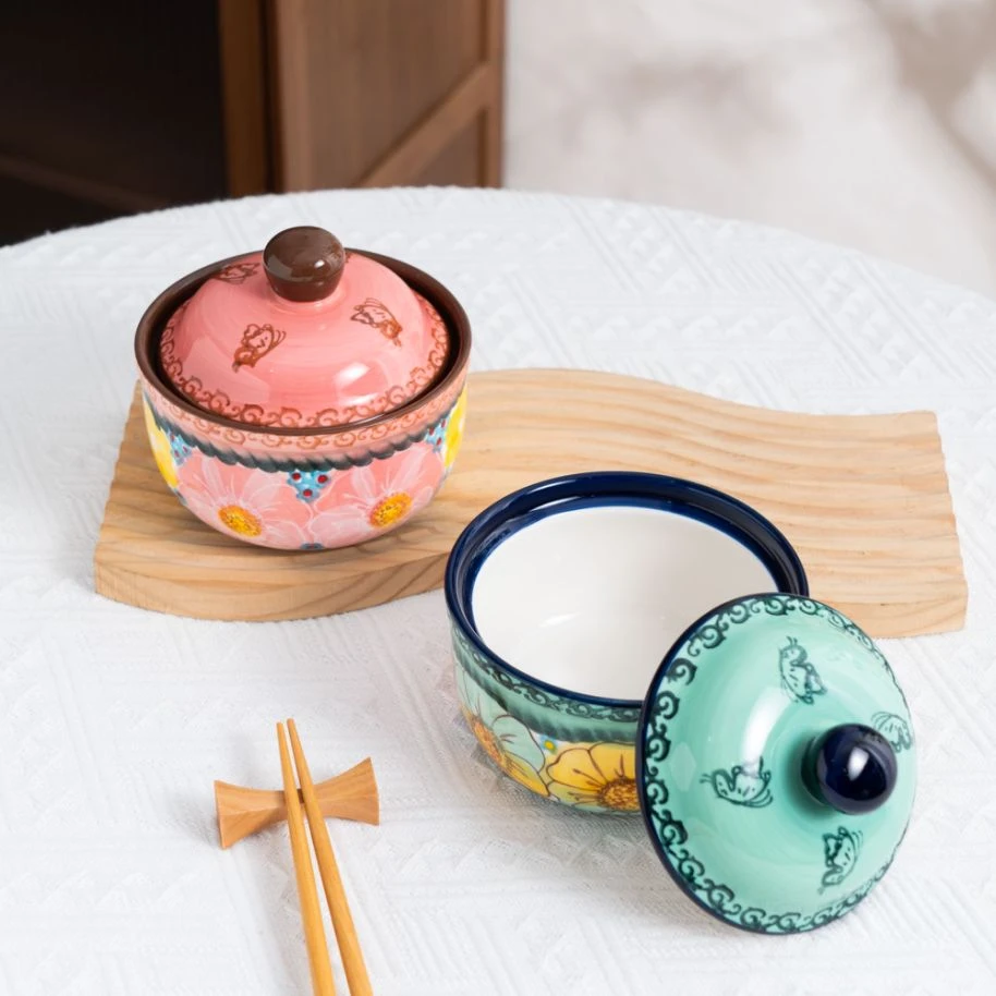 碧海樱花家用手绘釉下彩陶瓷4.5寸带盖炖盅