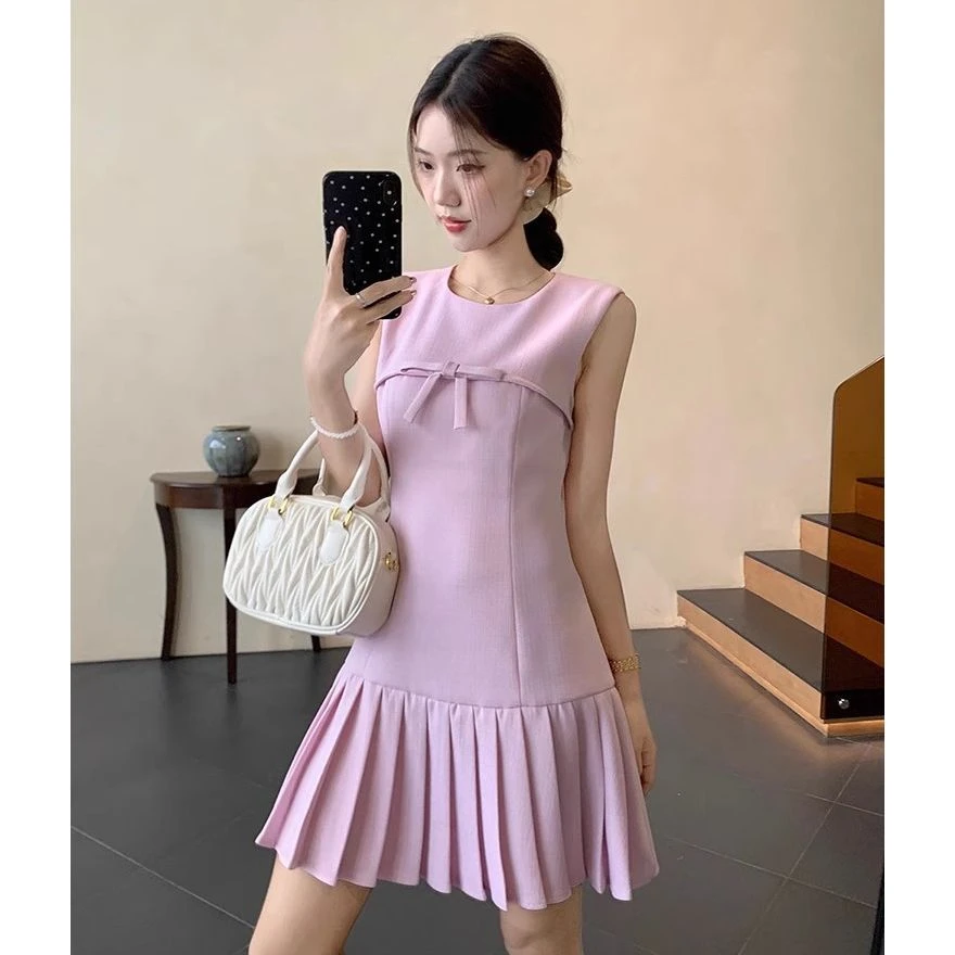 法式蝴蝶结无袖背心连衣裙女夏季修身显瘦高级感气质拼接百褶短裙