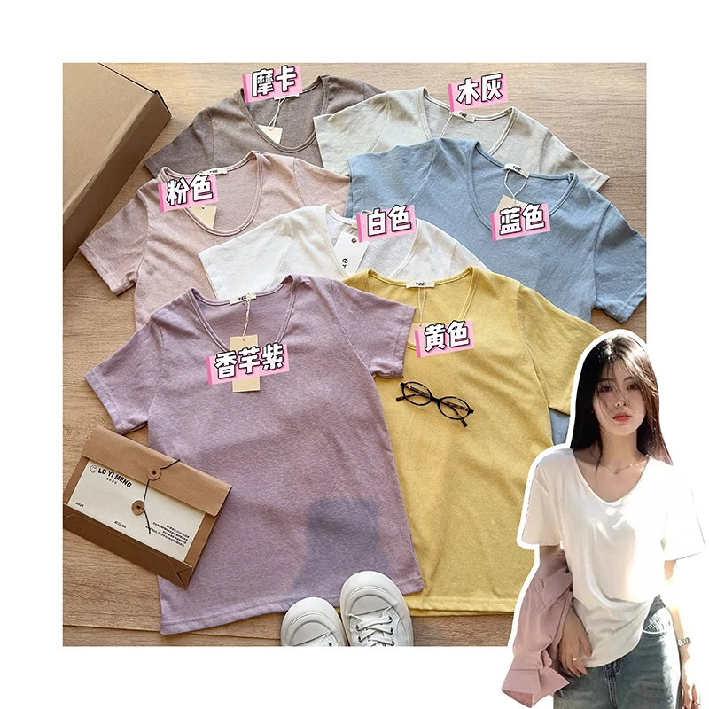 「鹅蛋领色麻感T」韩系！小V领25夏款轻薄纯色百搭女士短袖T恤