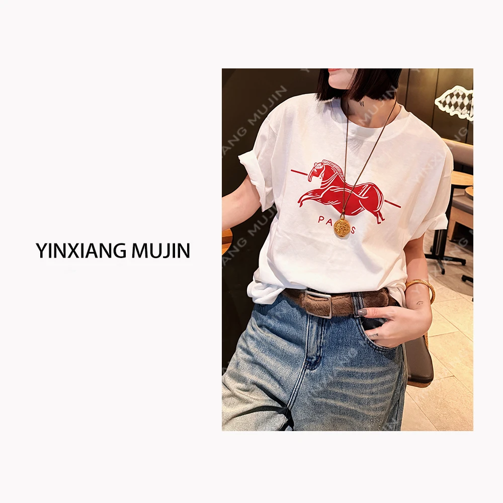 【YINXIANG MUJIN】红马T恤 早春新品圆领印花宽松半袖上衣女士百搭
