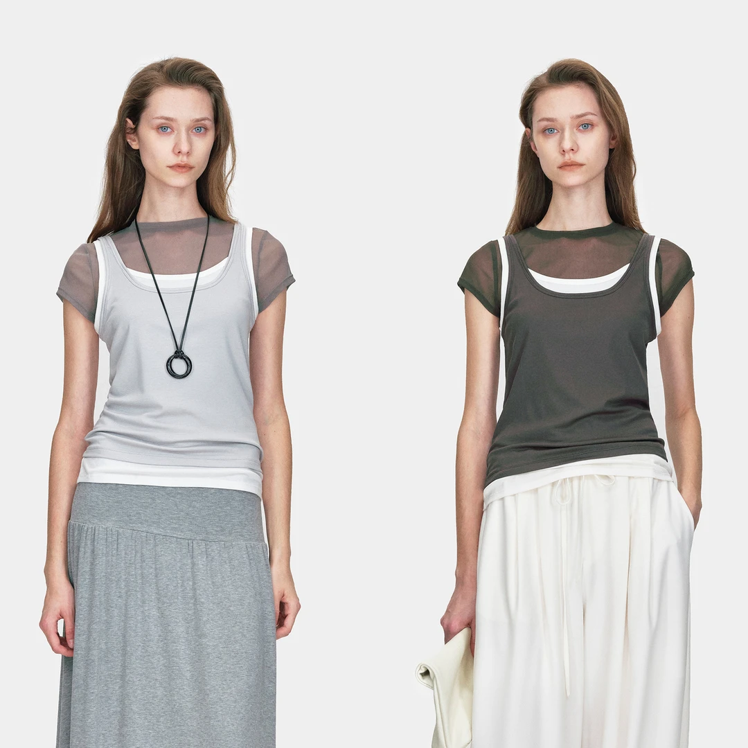 Marllen幻影叠层 夏日清凉感短袖 假三件多层叠穿透气感U领T恤女