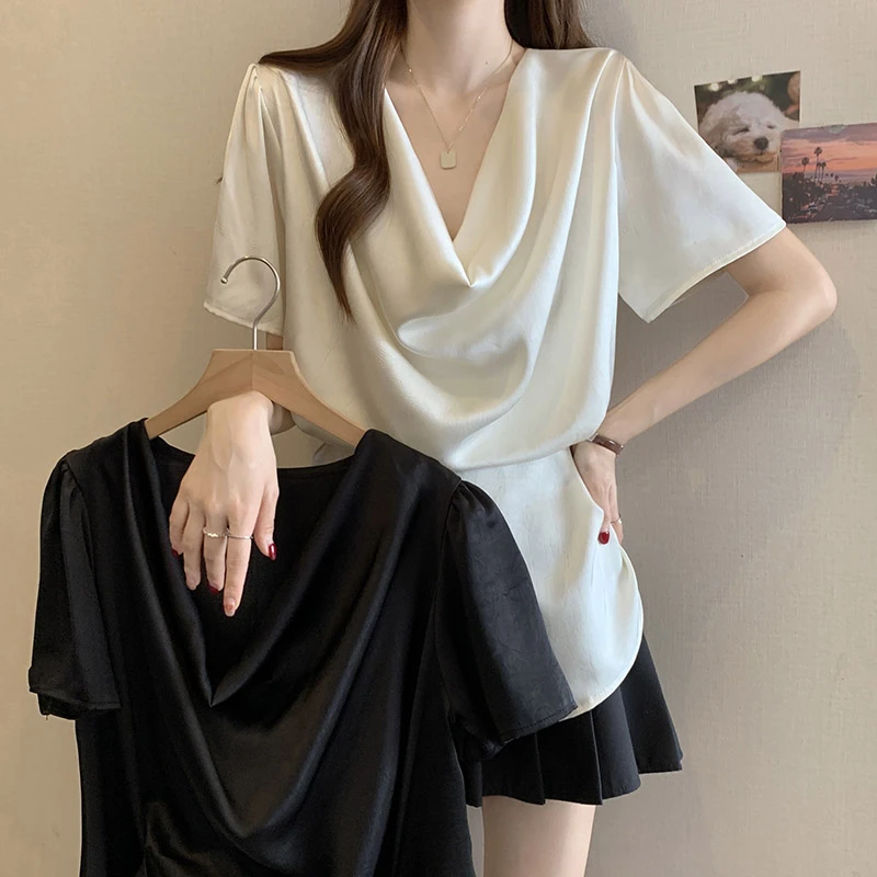 高级感醋酸缎面杏色短袖衬衫女夏季新款大码胖mm收腰显瘦荡领上衣