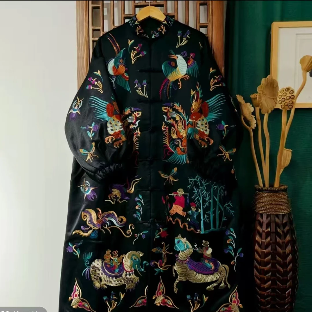 (LS118-14)凤徕兮私人定制黑色光板底彩图腾刺绣对襟盘扣棉服(棉)