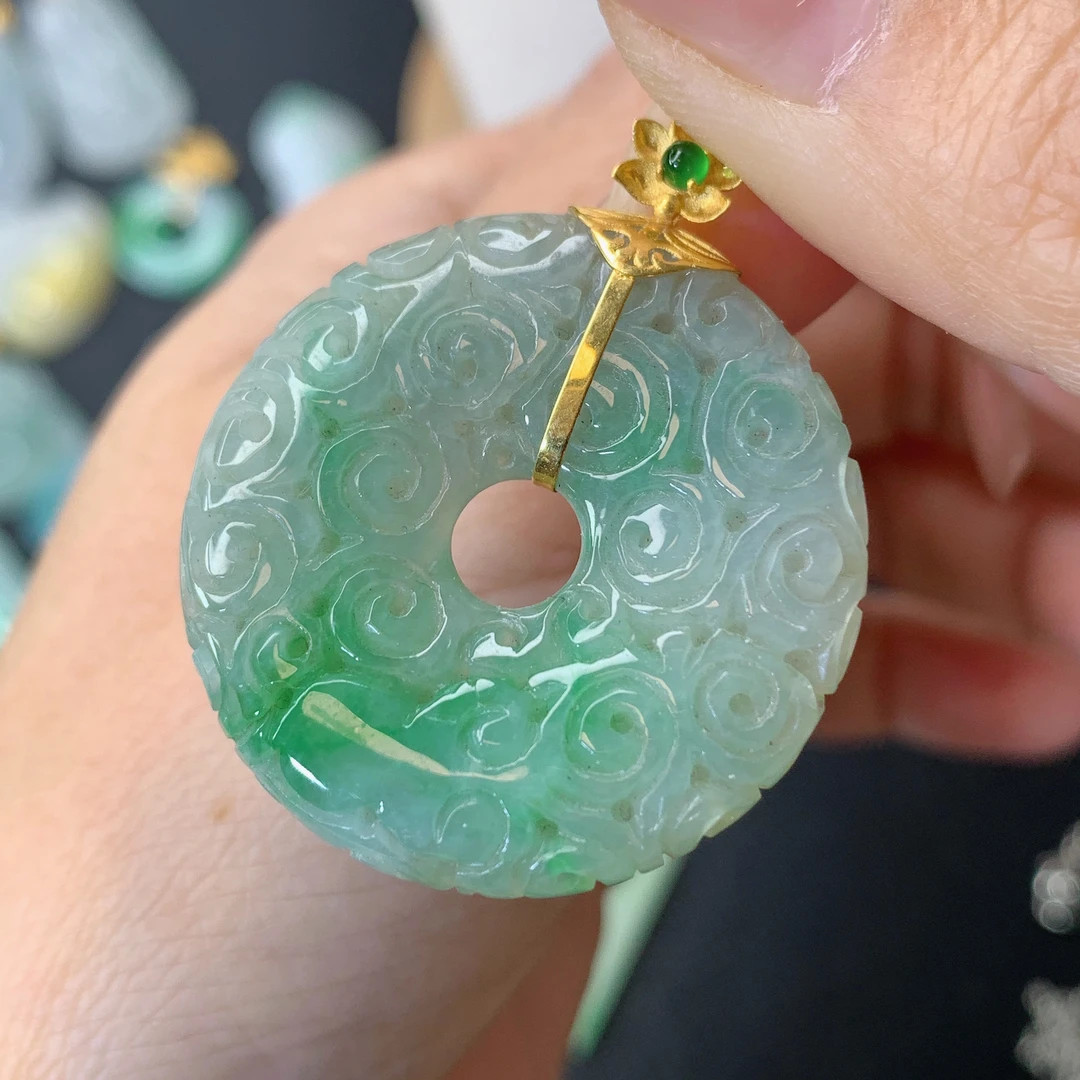 缅甸天然翡翠a货18k金仿古甜甜圈吊坠32.3×5.7