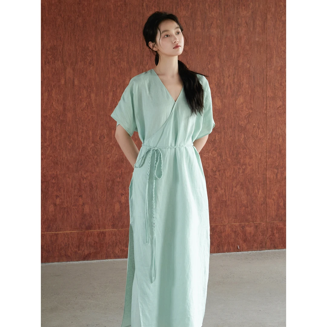 100%亚麻 水洗柔软 | 薄荷曼波色 斜襟系带连衣裙
