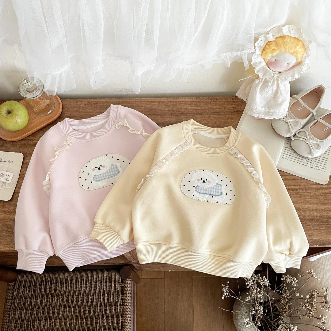 女童秋季卫衣新款蕾丝花边洋气卡通小狗狗贴布圆领宝宝套头上衣衫