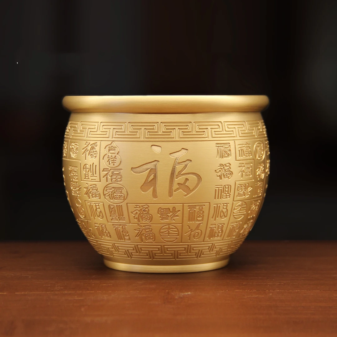 壹心铜《超大号百福缸》20cm黄铜米缸招宝百福缸客厅家用