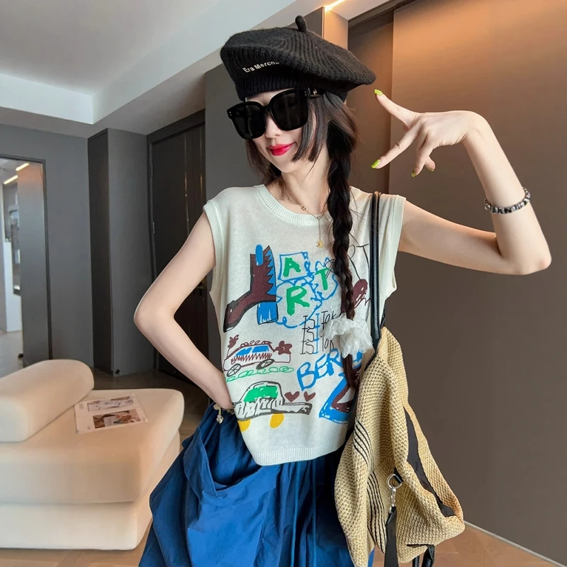 韩系白色印花小飞袖正肩短袖t恤女夏季宽松显瘦冰丝时尚短款上衣