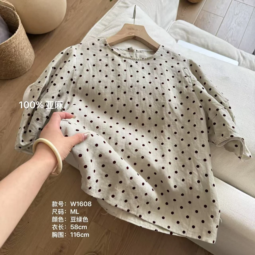 小文姐 W1608-夏季气质法式波点减龄休闲宽松显瘦亚麻衬衫
