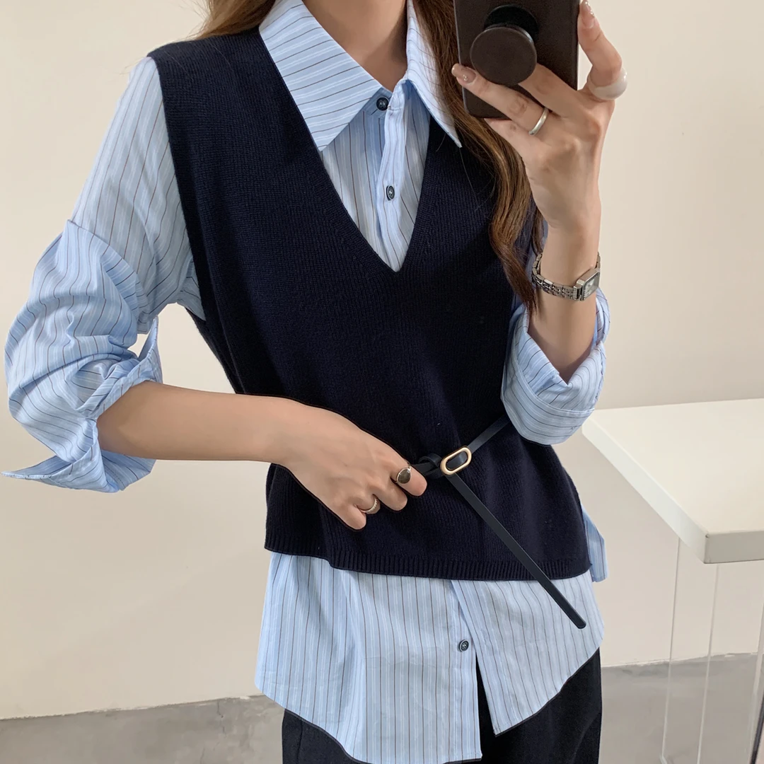 【硕和集】3037法式撞色条纹长袖拼接衬衫女百搭针织上衣