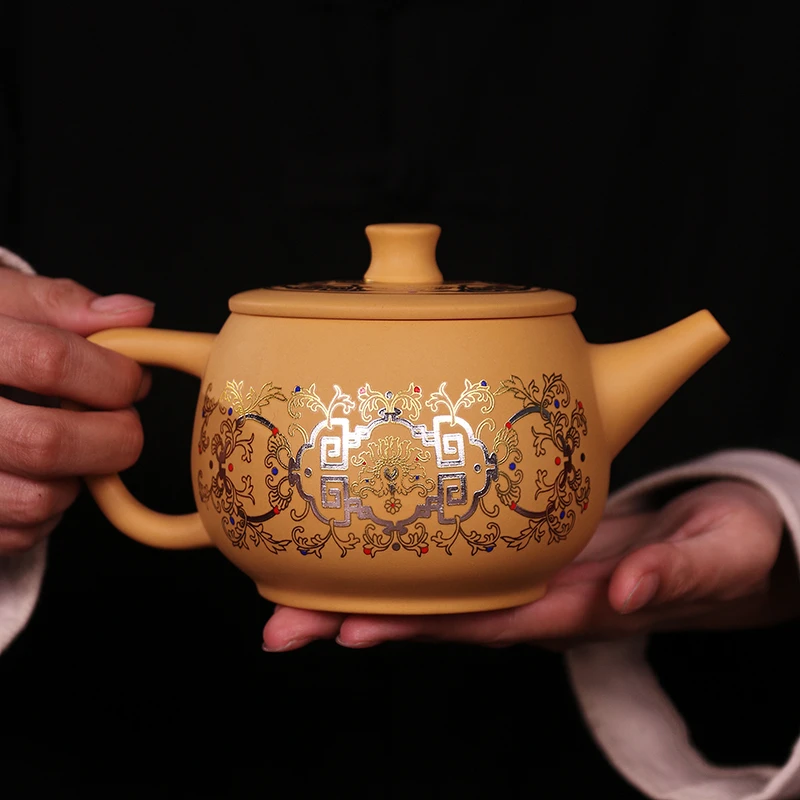 原矿段泥金银错汉瓦凤鸣壶大容量中式茶壶复古紫砂壶350毫升B170