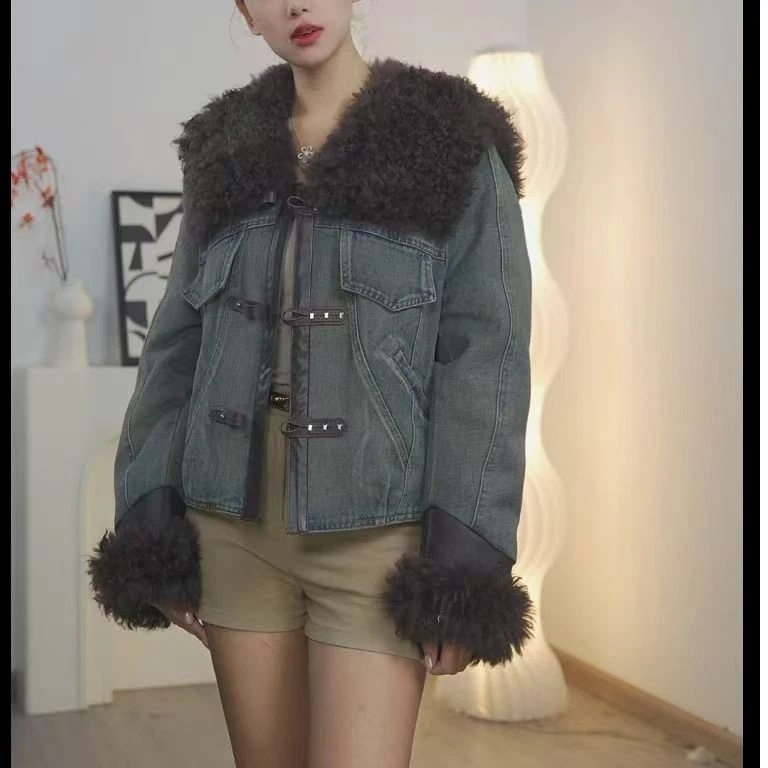 女休闲风牛仔常规款短款落肩袖毛领短外套冬季秋冬保暖拼接653#
