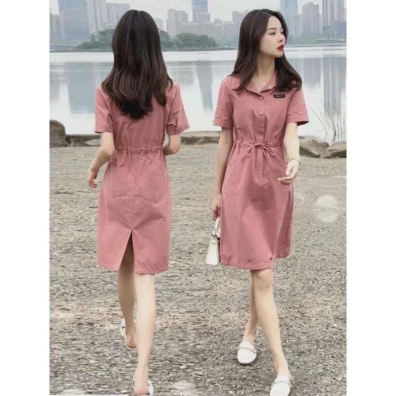 正品短袖工装连衣裙女2025夏装新款高级感中长款收腰显瘦a字裙子