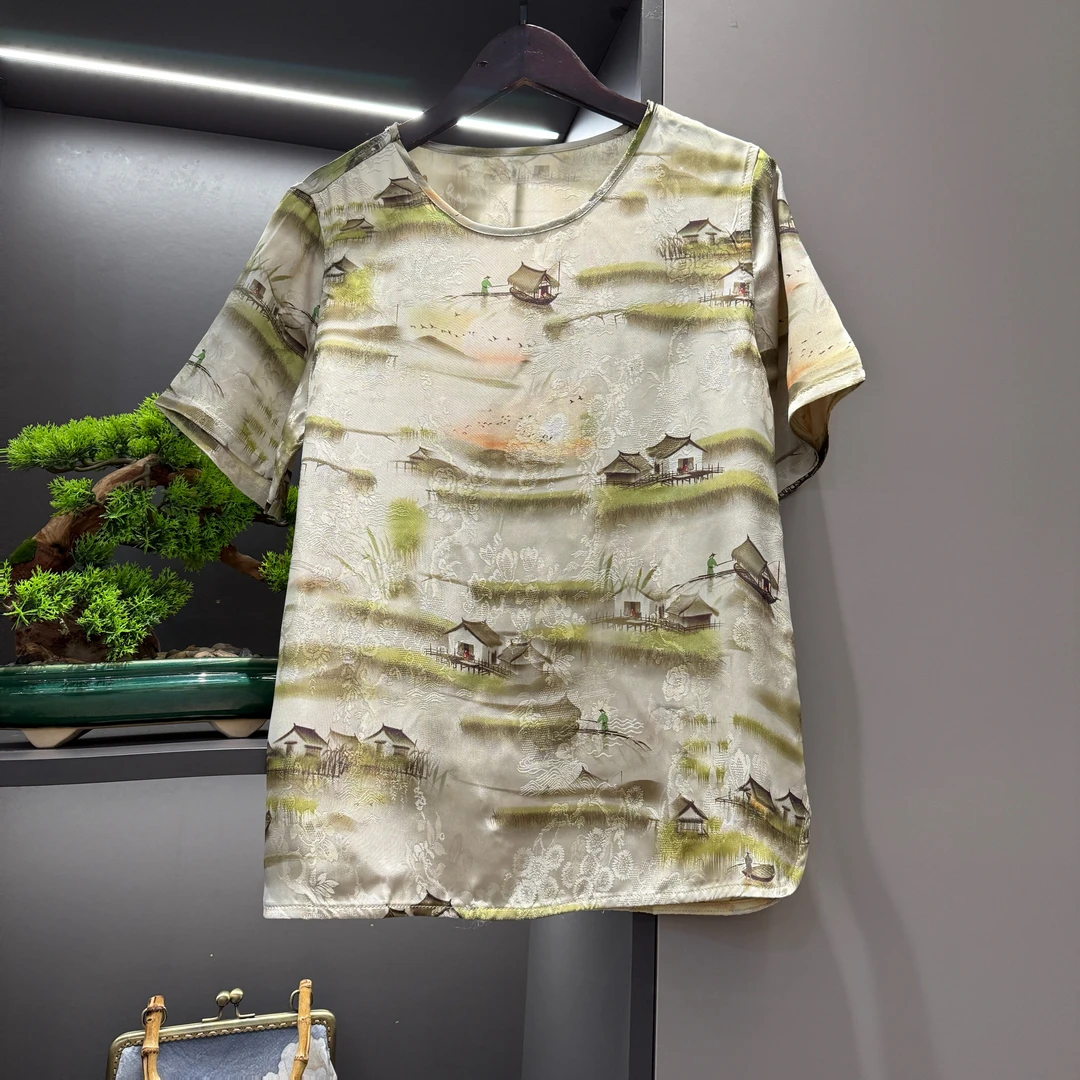 中式上衣复古传统改良夏季宽松小桥流水人家气质短袖上衣6032