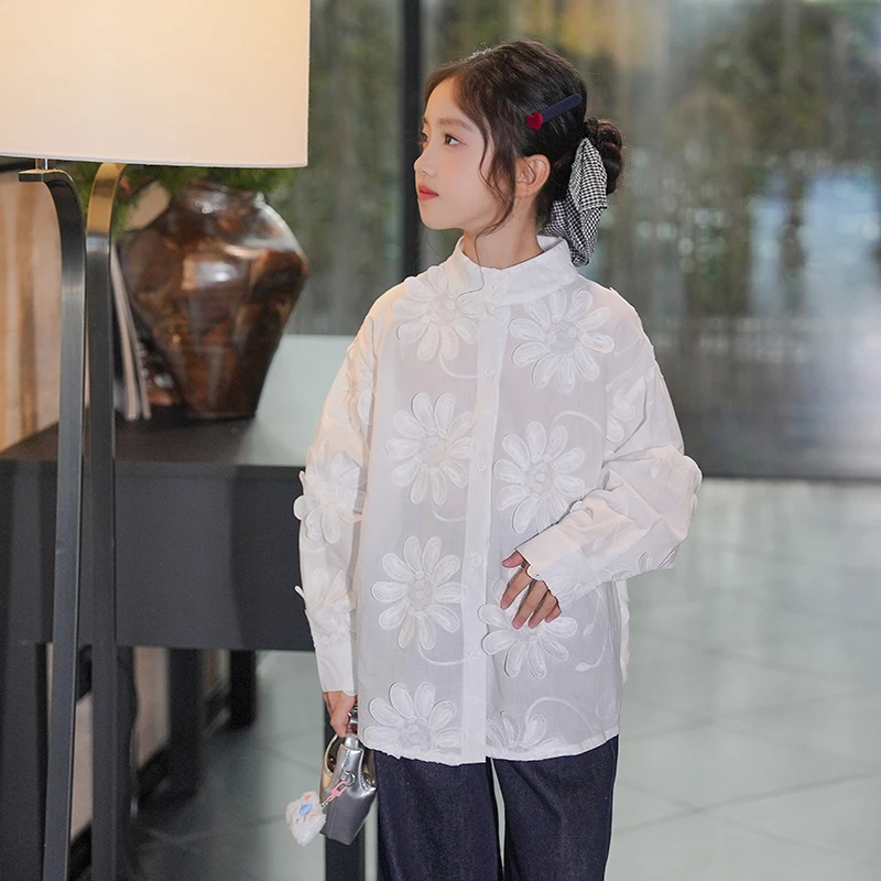 0769685女童衬衫秋季2025新款白色立体花朵刺绣上衣超好看小衫