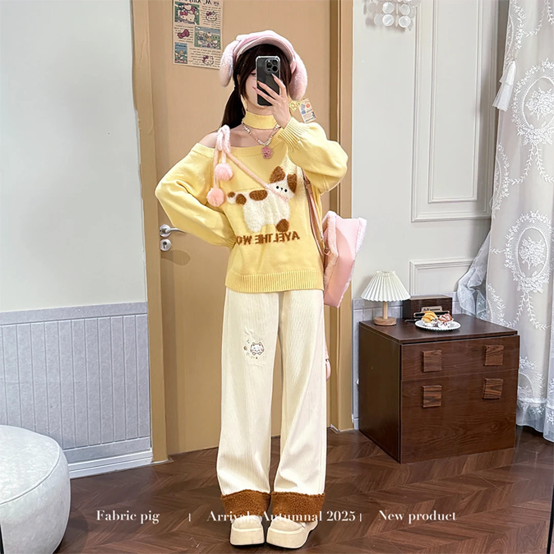 布蕾芒挞 织物猪原创 甜美风黄色斜领露肩毛衣女秋宽松针织衫上衣