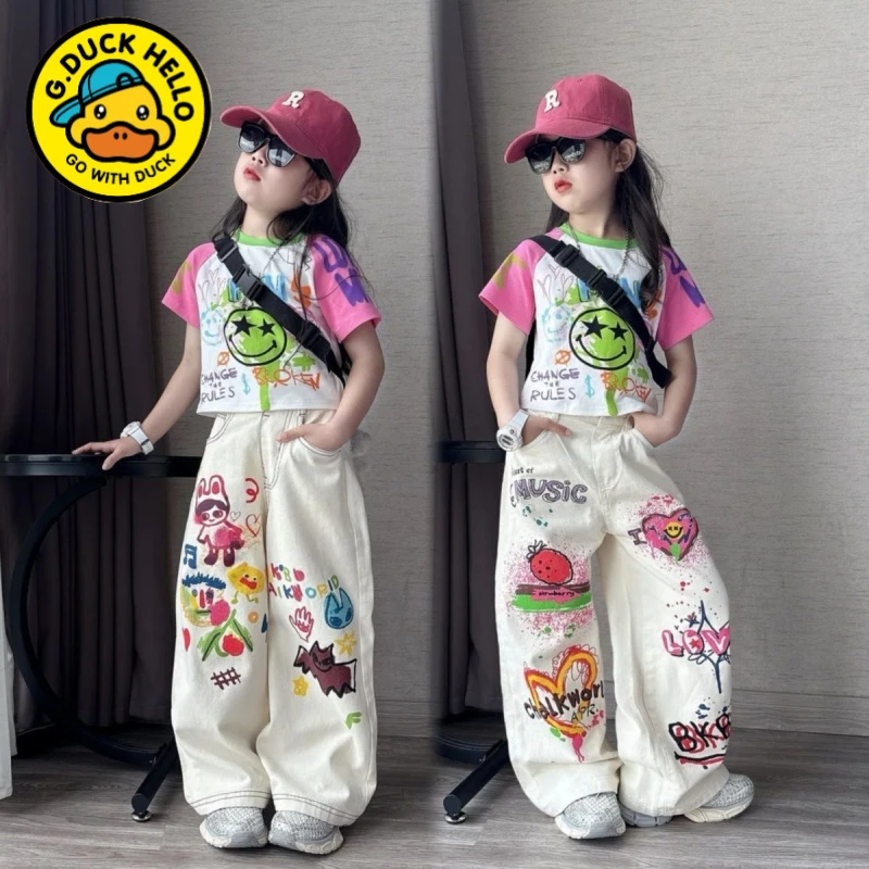 小黄鸭女童夏季套装2025新款潮中大童时髦短袖T恤甜酷女孩直筒