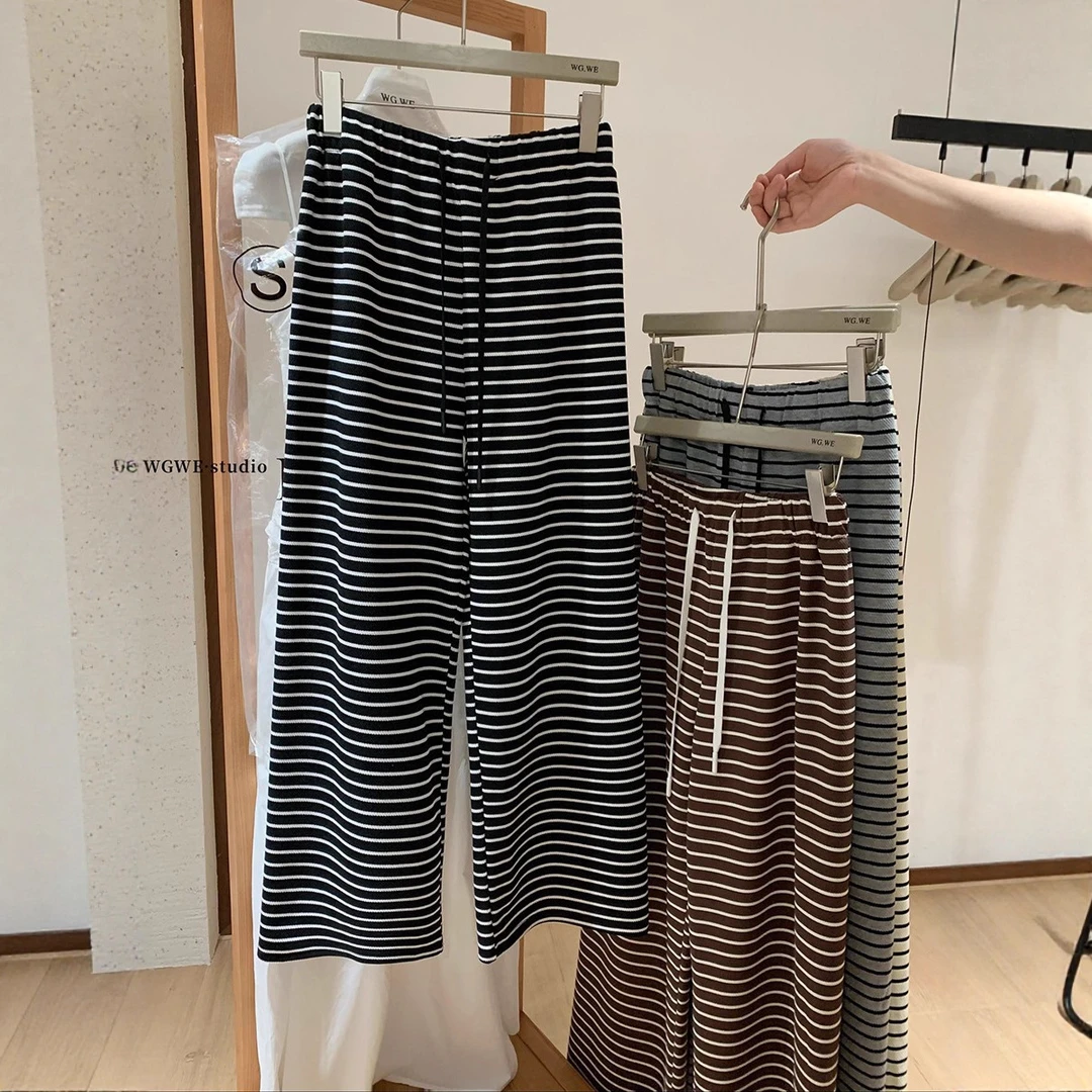 WGWE2025秋冬韩系复古条纹撞色百搭显瘦垂感抽绳休闲阔腿裤W8018