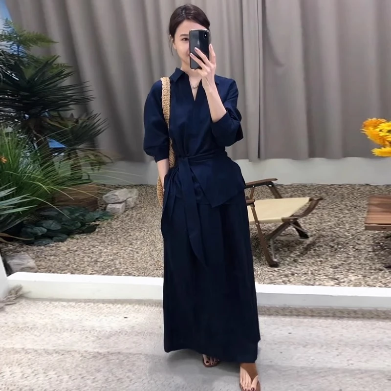 2025春季新款法式气质莱赛尔亚麻收腰系带衬衫半身裙两件套装裙女