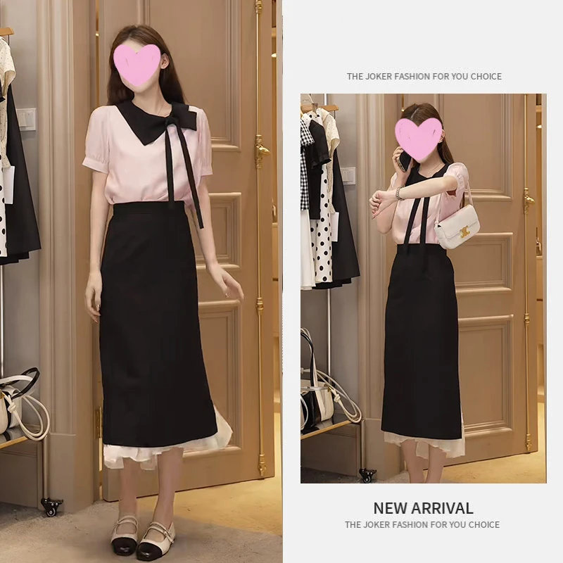 夏季时尚一整套女装2025新款小香风减龄短袖衬衫拼接半身裙两件套