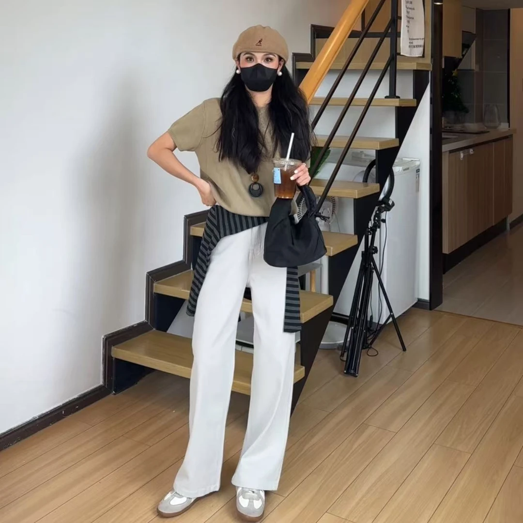 小个子150夏季新款月光灰撞色皮牌设计腰带窄版时尚直筒牛仔裤