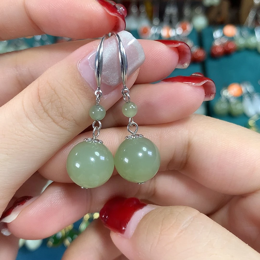 和田玉银S925镶嵌耳饰天然青海料卡12mm左右