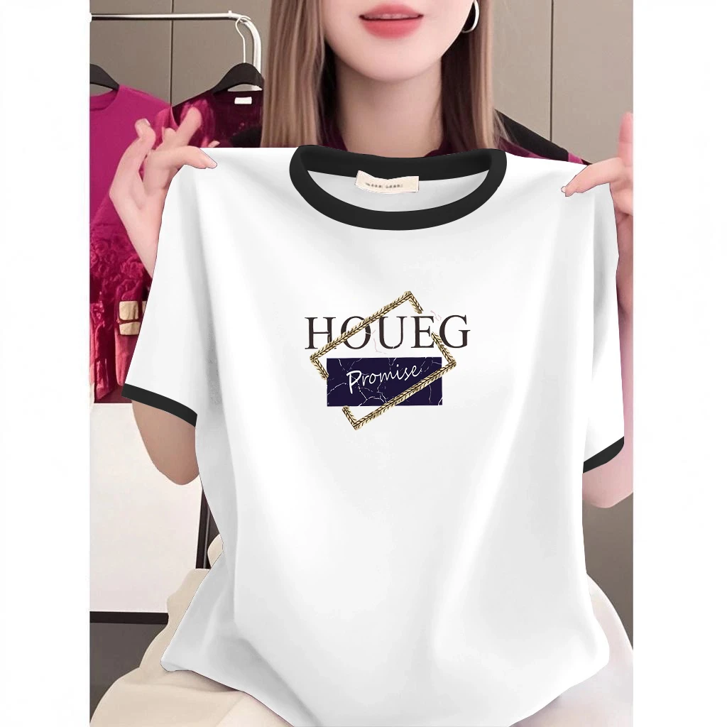 正肩显瘦短袖t恤女士夏季修身韩版半袖体恤衫时尚印花圆领上衣潮