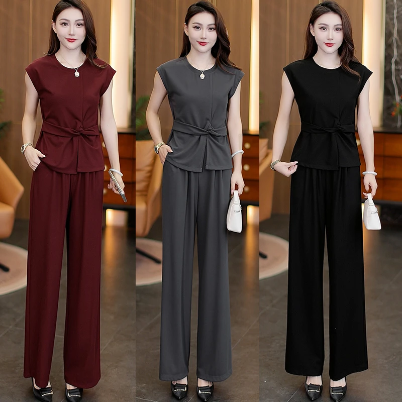 晚宴场合女装套装新款减龄韩版遮肚气质知性风衣服阔腿裤两件套