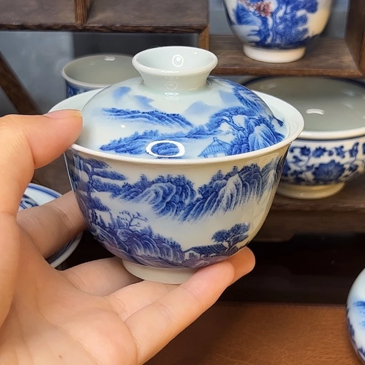 摆件景德镇手工手绘山水盖碗