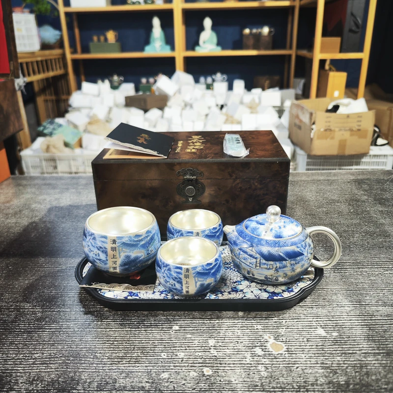 周鸿杰清明上河图鎏银壶+2杯+主人杯+吸水盘