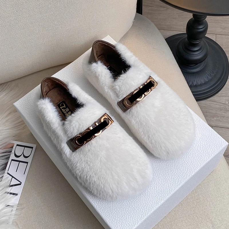 白色两穿毛毛鞋女冬外穿厚底加绒一脚蹬包头半拖棉鞋水貂毛豆豆鞋